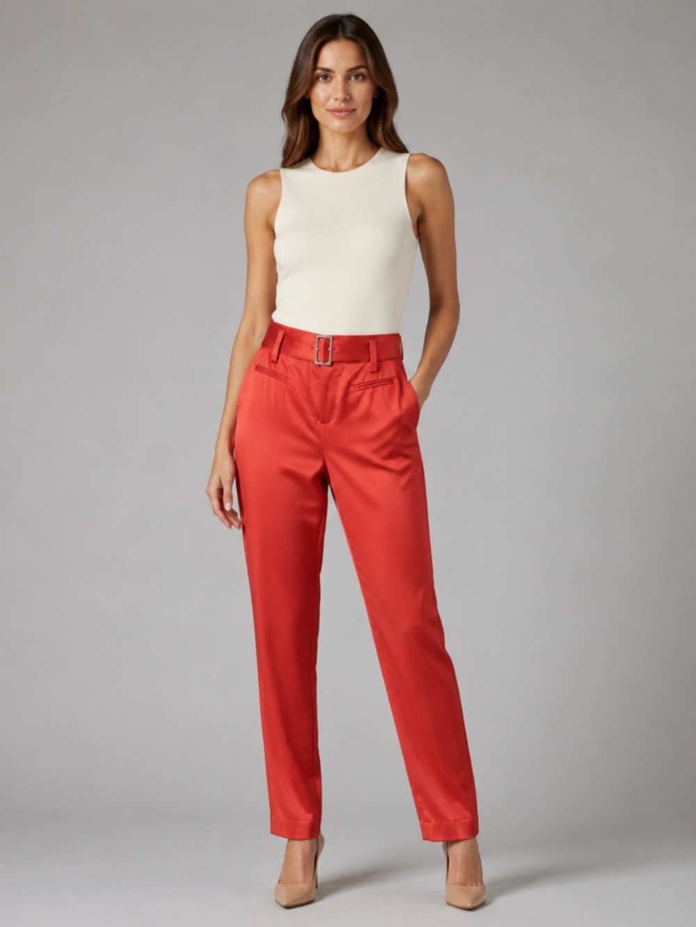 CLICHÉ Slovenia Orchid Pink 93% Silk Satin Belted Pants US 8 M NWOT MSRP $320